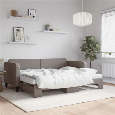 Afbeelding van vidaXL Slaapbank met onderschuifbed en matrassen 80x200 cm stof taupe