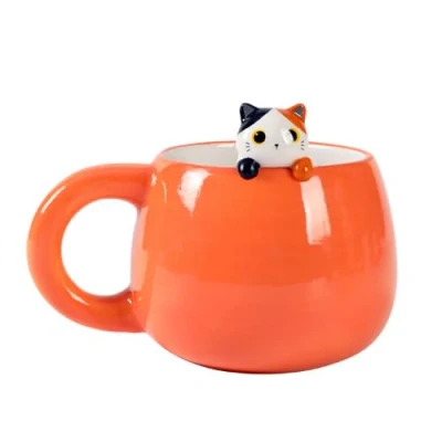Afbeelding van I TOTAL® Keramische mok met keramisch dier aan de rand, theekop of koffie ORANJE CAT 450 ml