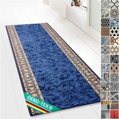 Afbeelding van Tapijtloper voor hal met patroon, op maat gemaakt keuken, en woonkamer, vintage ornament, oosters rooster (80 x 150 cm, rugen blauw)