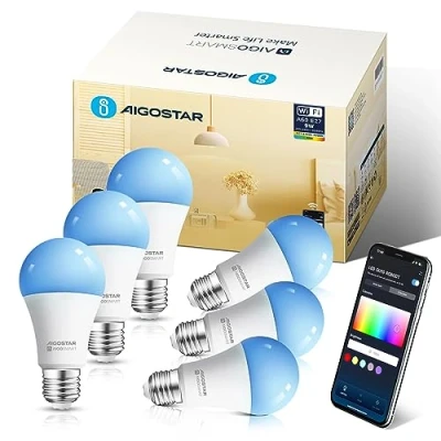 Afbeelding van Aigostar Ledlamp, wifi, E27, SL2, 9 W, led, slimme lamp Alexa RGB/2700 K 6500 K, compatibel met Alexa/Google Home, synchroniseren muziek, intelligente lamp, geen hub nodig, 6 stuks