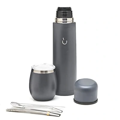 Afbeelding van Complete Yerba Mate Set Modern Kalebas, Thermoskan, Bombilla en schoonmaakborsteltje inbegrepen allemaal premium kwaliteit 304 18/8 roestvrij staal (grijs)