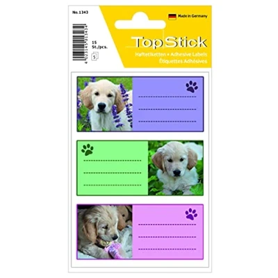 Afbeelding van TopStick 1343 boeketiketten, gelinieerd, 76 x 35 mm, 50 vellen, papier, mat), zelfklevend, schoolstickers met hondenmotieven voor kinderen, meisjes en jongens, 150 stuks schoollabels