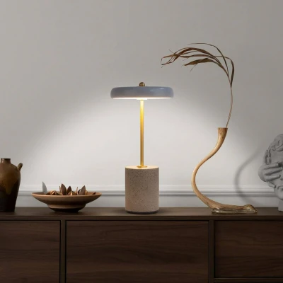 Afbeelding van LED tafellamp Seta, accu, cement, kap grijs