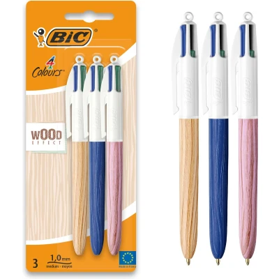 Afbeelding van BIC 4 Kleuren Wood Style Intrekbare Balpennen balpen met Houtmotief verpakking van 3 stuks Medium Punt 1 mm