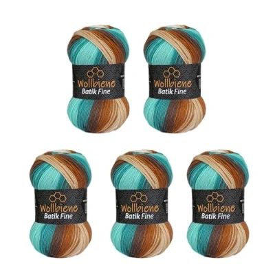 Afbeelding van Wollbiene Batik Fine Wol, 5 x 100 g, 500 gram wol met kleurverloop, meerkleurig, kleur: 1520 bruin mint wit