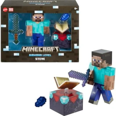 Afbeelding van Mattel Steve actiefiguur uit de Minecraft Diamante serie, drie accessoires, maat 14 cm, HXM84