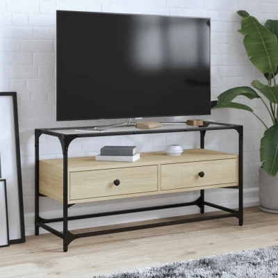 Afbeelding van Tv meubel met glazen blad 98x35x51 cm bewerkt hout sonoma eiken