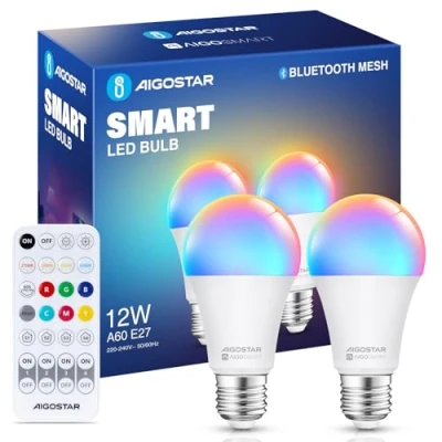 Afbeelding van Aigostar Mesh Bluetooth A60 12 W, Alexa E27 LED 1150LM RGB &amp; 2700 K 6500 K, lamp 16 miljoen kleuren, 2 eenheden (met afstandsbediening)
