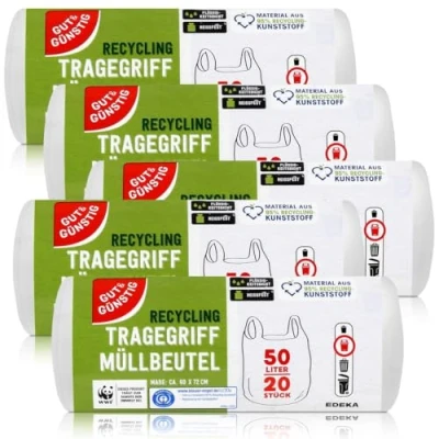 Afbeelding van 100 stuks vuilniszakken met handvat, 50 liter, 20 per rol, scheurvast en vloeistofdicht, recyclebaar product verpakking, 5 rollen