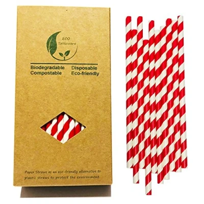Afbeelding van rode gestreepte papieren rietjes, 100 verpakkingen, witte en rietjes om te drinken, 100% biologisch afbreekbaar, milieuvriendelijk wegwerpbaar voor kerstfeesten, 17,75 cm
