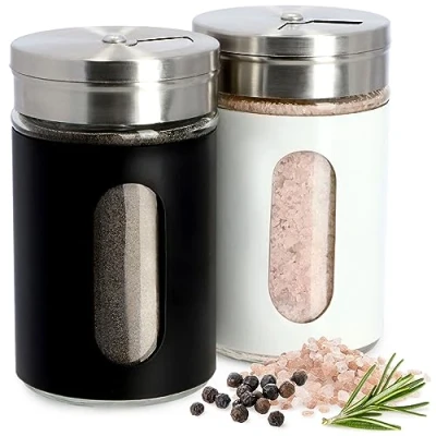 Afbeelding van Zout en peperstrooier, set van 2, 90 ml, strooier glas roestvrij staal, zoutvaatje met middendeksel, kruidenstrooier, kruidenpotjes (wit/zwart)