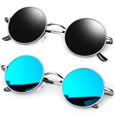 Afbeelding van KANASTAL Ronde zonnebril voor mannen, retro, rond, dames, gepolariseerd, hippie, carnaval, zonnebril, metalen frame, 100% uv bestendig,