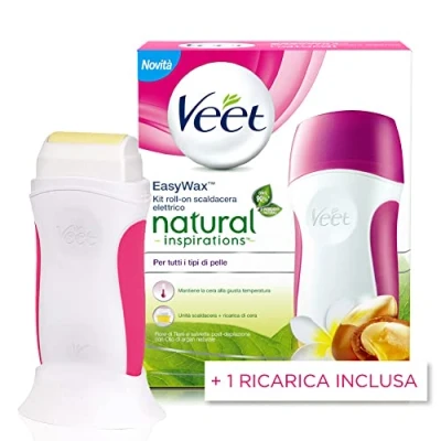 Image de Veet Kit épilation Roll On, réchauffeur électrique professionnel, cire dépilatoire avec 90% d&#039;ingrédients d&#039;origine naturelle recharge incluse + 12 bandes et lingettes post