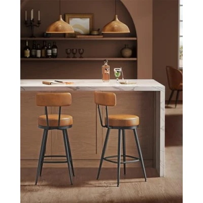 Afbeelding van VASAGLE EKHO Collection LBC089K01 Barkruk, 2 stuks, keukenstoel, gestoffeerde zitting, PU met naden, moderne stijl, hoogte 65 cm, voor keuken, bar, karamelbruin