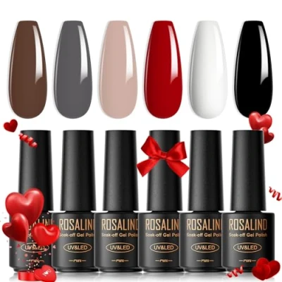 Afbeelding van ROSALIND Semi permanente nagellak, 6 kleuren, mini, bruin, grijs, huidskleur, rood, wit, zwart, uv en led, soak off gelnagellakset