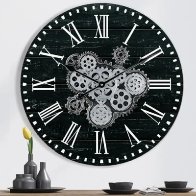 Afbeelding van Lafocuse Houten Grote Industriele Zwarte Wandklok met Draaiende Tandwielen Rond 57 cm Romeinse Cijfers Decor Muurklok voor Woonkamer Slaapkamer Bar