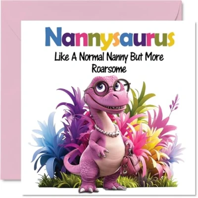 Afbeelding van Carte d&#039;anniversaire pour nounou Nannysaurus rugissant grand mère de la part petit fils et petite fille, 145 mm x Dinosaure Cartes vœux