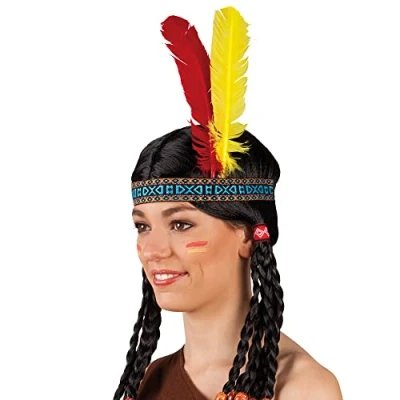 Afbeelding van Boland 44136 Indiase hoofdband kleurrijke veren rood geel, Eén maat, elastisch, cowboy, westers, rode huid, appaches, carnaval, Halloween, themafeest, kostuum, theater,