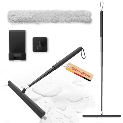 Afbeelding van Douchetrekker met lange steel, 2 in 1 douchevloertrekker, 120 cm, raamreinigingsset voor douche, zwart