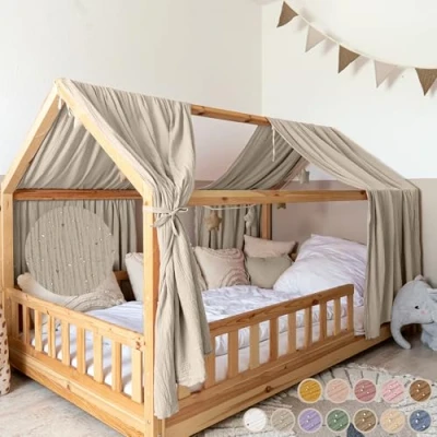 Afbeelding van lilimaus Ciel de lit [Beige clair] en mousseline 100 % coton fait à la main décoratif pour maison fille et garçon enfant Rideau