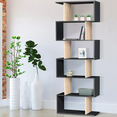 Afbeelding van Etagère bibliothèque SOFIA forme S bois façon hêtre et noir 189 cm