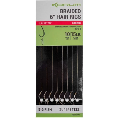 Afbeelding van Korum Supersteel Big Fish Braided Hair Rigs 6&quot; Barbed (8 pcs) Maat : Haak 10 0.25mm