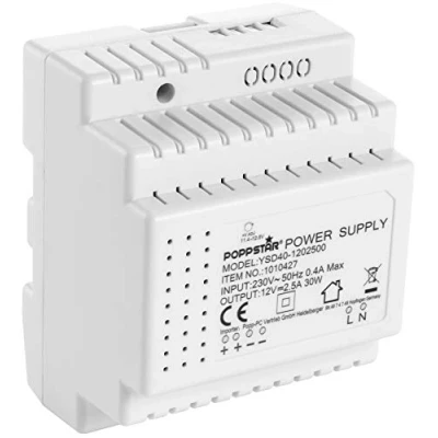 Afbeelding van Poppstar Adapter voor DIN Rail Output 12 V DC 2,5 A 30 W (Input 100 240 AC 50/60 Hz) Voeding/Trafo 78 x 92 61 mm, wit