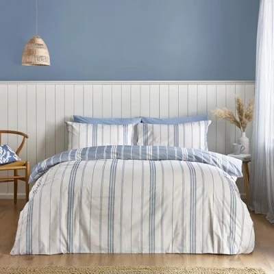 Afbeelding van Catherine Lansfield Harbour Omkeerbare beddengoedset voor tweepersoonsbed, gestreept, blauw