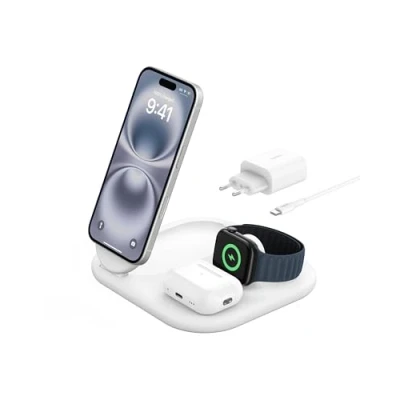 Afbeelding van Belkin Draadloze Oplader Boostcharge Qi2 15w Magnetic 3 in 1 Stand Wit (wiz029vfwh)
