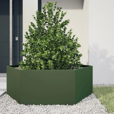 Afbeelding van vidaXL Plantenbak zeshoek 138x120x45 cm staal olijfgroen