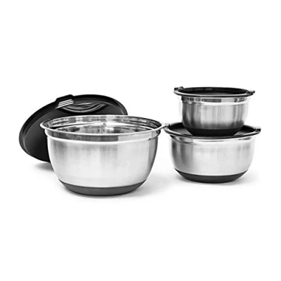 Afbeelding van Relaxdays schalenset BOWLY keukenset met deksel 3 slakommen roestvrij staal Pak van