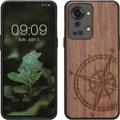 Afbeelding van kwmobile telefoonhoesje geschikt voorOnePlus Nord 2T 5G Hoesje met bumper walnoothout In donkerbruin Vintage Kompas design