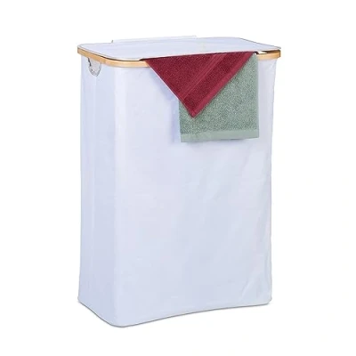 Afbeelding van Relaxdays wasmand met deksel witte wasbox 105 liter handgrepen stoffen wasgoed mand