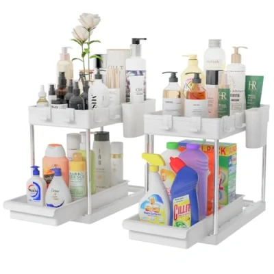 Afbeelding van BAKAJI Set van 2 kelderorganizer voor badkamer en keuken met uittrekbare lade, mandplank, planken, uitneembaar opbergrek (wit)