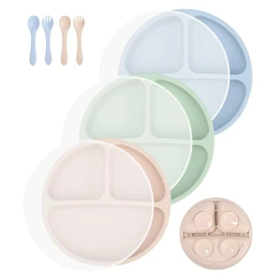 Afbeelding van SinLaw Set van 3 siliconen kinderborden met antislip zuignap, kinderserviesset vorken, lepels en deksel, BPA vrij, voor baby&#039;s kinderen (groen, blauw,