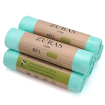 Afbeelding van ZURAS® 75 stuks biologische afvalzakken van 60 liter, composteerbaar en biologisch afbreekbaar op plantaardige basis, gecertificeerd getest volgens DIN 13432, scheurvast waterdicht