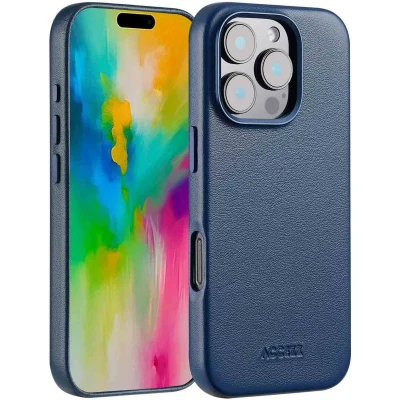 Afbeelding van Accezz Hoesje Geschikt voor iPhone 16 Pro MagSafe Leather Backcover donkerblauw