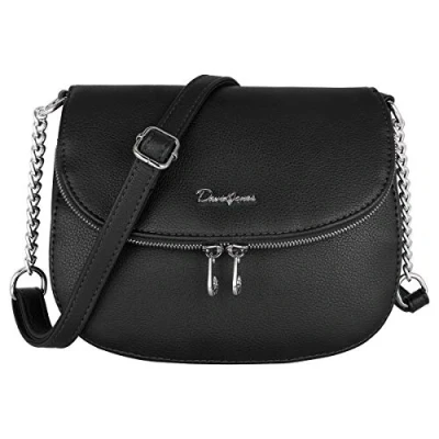Afbeelding van David Jones Kleine Tas voor dames Schoudertas met kettingen van PU leer ritssluiting klep 2 vakken stadstas telefoon, reizen, werk, winkelen elegant, zwart., Elegant