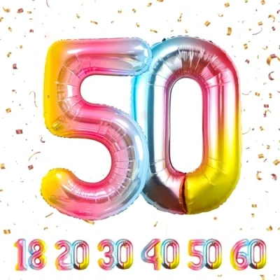 Afbeelding van Ballonnen verjaardag 50e regenboog 101 cm ballon nummer 50 opblaasbare folie decoratie man vrouw vliegen met helium