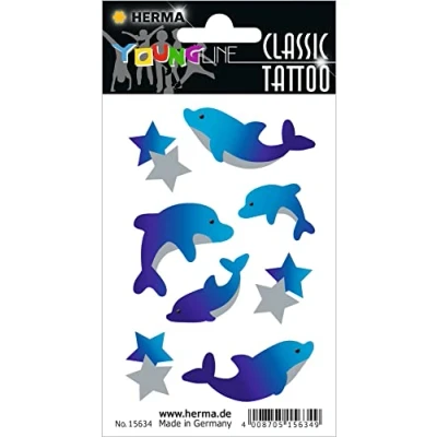 Afbeelding van HERMA 15634 Tijdelijke tatoeagestickers voor kinderen, dolfijnen (8 stickers, transferfolie), wasbaar, motief tatoeages kinderen om op te plakken meisjes en jongens, meerkleurig