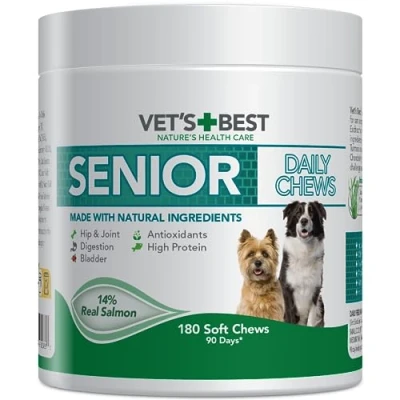 Afbeelding van 400g (180 tabletten) Vet&#039;s Best Senior Daily Chews Zalm Aanvullende voeding voor honden