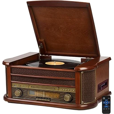 Afbeelding van Nostalgisch muzieksysteem van hout compact systeem Bluetooth cassettespeler retro stereo installatie USB MP3 cd speler afstandsbediening platenspeler radio codering: functie