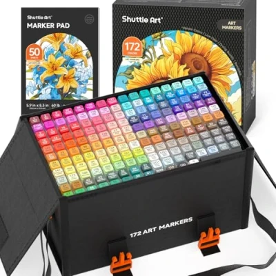 Afbeelding van Shuttle Art 172 artistieke markers met dubbele punt op alcoholbasis, 171 kleuren plus 1 permanente mixer, markeerblok etui, perfect voor kleurboeken kinderen