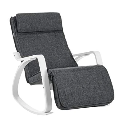 Afbeelding van SONGMICS berken schommelstoel, relax fauteuil, voetsteun in 5 standen verstelbaar, bekleding van imitatielinnen, belastbaar tot 150 kg, woonkamer en slaapkamer, donkergrijs