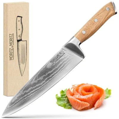 Afbeelding van Moritz &amp; Damascus mes 20 cm Professioneel keukenmes van damaststaal 67 lagen Scherp Japans koksmes Ergonomisch handvat acaciahout