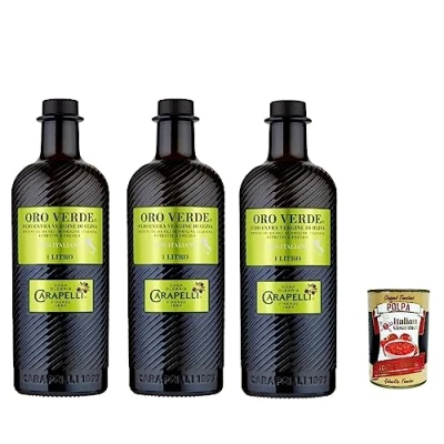 Afbeelding van Carapelli Oro Verde 3 blikjes Italiaanse extra vierge olijfolie 1 liter + Italian Gourmet Polpa 400 g