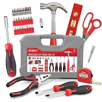 Afbeelding van Hi Spec complete gereedschapskist rood, 42 delig, gereedschapsset met hamer, tang, schroevendraaier, ideaal voor knutselen en reparaties thuis