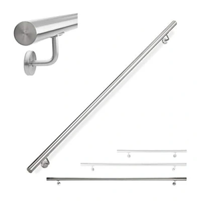 Afbeelding van Relaxdays Roestvrij stalen leuning 304 mat, ronde trapleuning binnen en buiten, 200 cm, Ø 42 mm, met houder, zilver