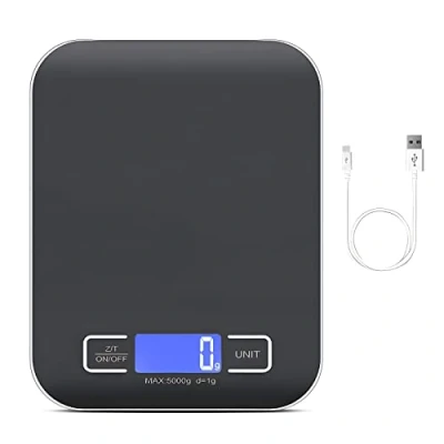 Afbeelding van Digitale keukenweegschaal, 10 kg/1 g, oplaadbaar via USB, met lcd display en tarra functie, accu oplaadkabel, zwart
