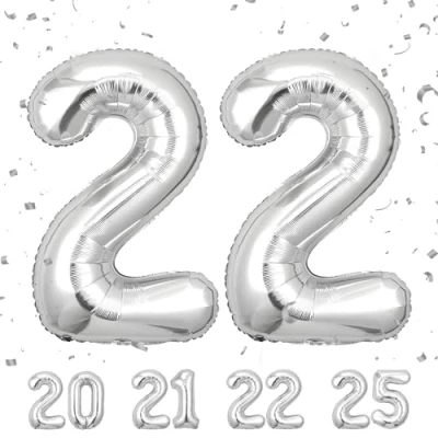 Afbeelding van Ballonnen verjaardag 22, zilver, 100 cm, ballon cijfer nummer Happy Birthday decoratie, ballonnen, verjaardagsfeest, jaren vliegen dankzij helium 22